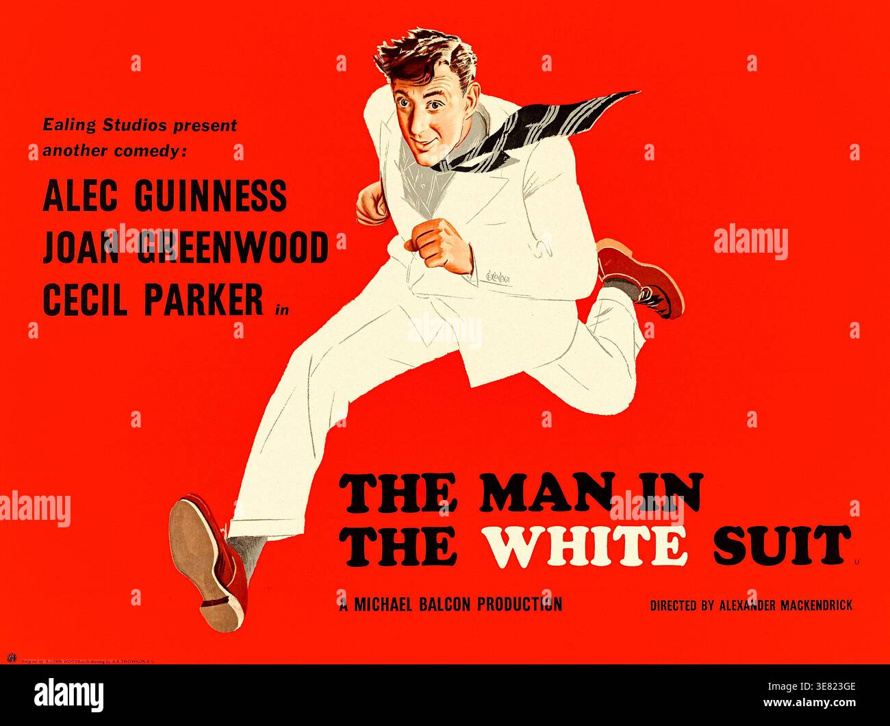 The Man in the White Suit (1951) diretto da Alexander Mackendrick e interpretato da Alec Guinness, Joan Greenwood e Cecil Parker. Un giovane chimico inventa un tessuto che non si sporca o si consuma mai, minacciando i profitti sia delle grandi imprese che dei sindacati dell'abbigliamento, che cospirano per distruggere la sua invenzione. Fotografia di un poster originale del 1951 del Regno Unito con illustrazioni di A. R. Thompson SOLO PER USO EDITORIALE. Crediti: BFA / Ealing Studios Foto Stock