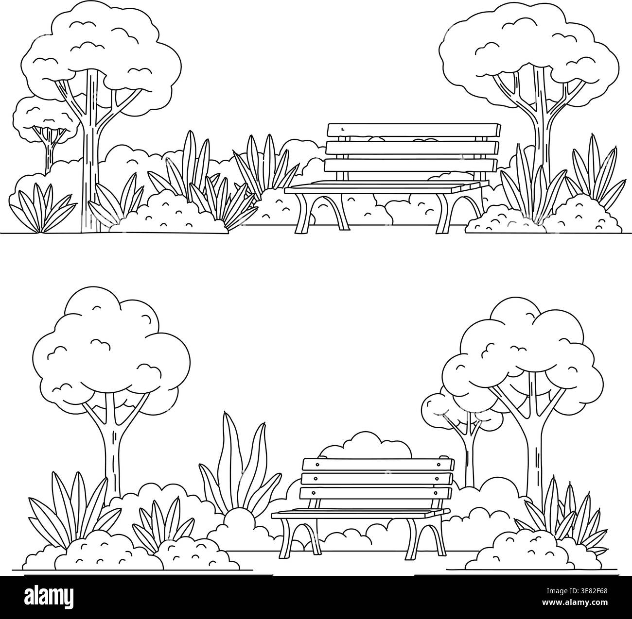 Due illustrazioni vettoriali raffigurano tranquille scene di parco all'aperto con alberi, cespugli e panchine vuote. Illustrazione Vettoriale