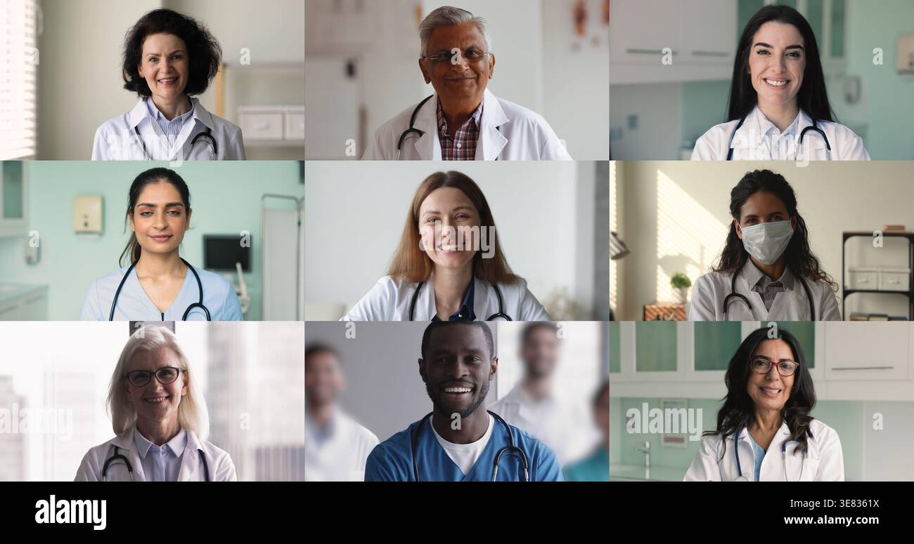 Medici anziani e giovani di diverse razze che posano in ospedale Foto Stock