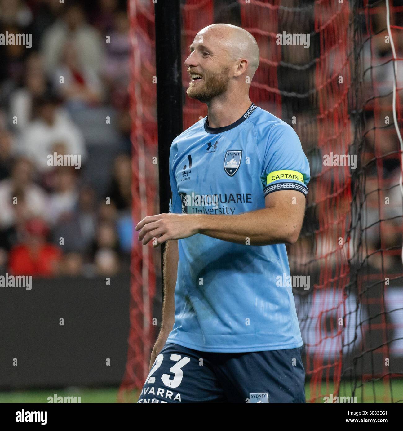 Sydney, Australia. 11 aprile 2026. Il capitano del Sydney FC Rhyan Grant (23) sorride mentre gli Sky Blues aprono il punteggio nel Sydney Derby a CommBank. Foto Stock