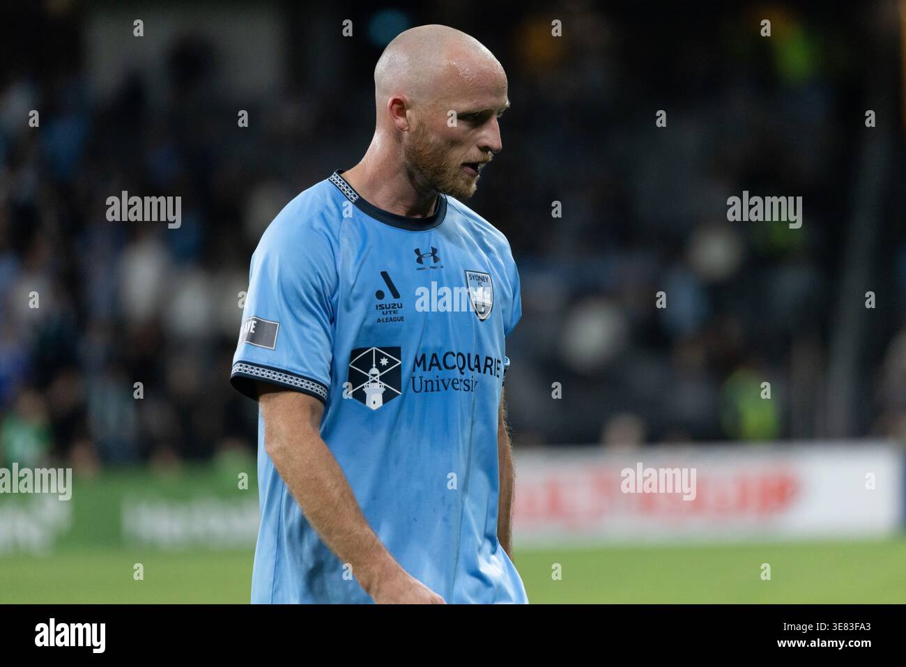 Sydney, Australia. 11 aprile 2026. Il capitano Rhyan Grant (23) del Sydney FC si è concentrato durante l'A-League Men Sydney Derby contro i Western Sydney Wanderers. Foto Stock