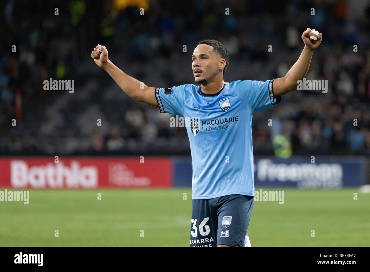 Sydney, Australia. 11 aprile 2026. Rhys Youlley (36) del Sydney FC celebra la vittoria nell'A-League Sydney Derby contro i Western Sydney Wanderers. Foto Stock