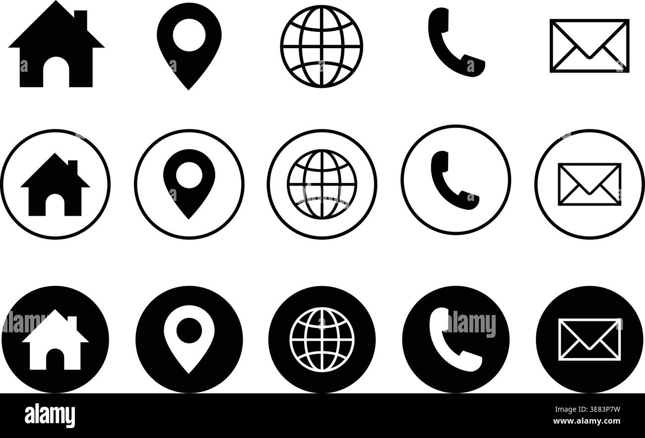 Set di icone Web, vettore set di icone. Pacchetto di simboli per telefono, sito Web, indirizzo, posizione e posta. Icone delle informazioni di contatto per i biglietti da visita. Illustrazione Vettoriale