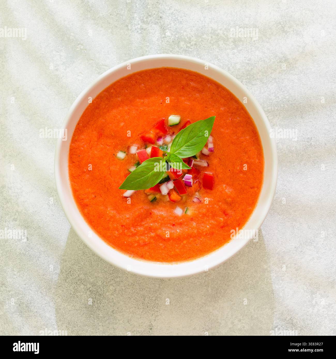 Zuppa di gazpacho. Tradizionale zuppa di pomodoro fredda spagnola di verdure fresche crude, vista dall'alto. Foto Stock
