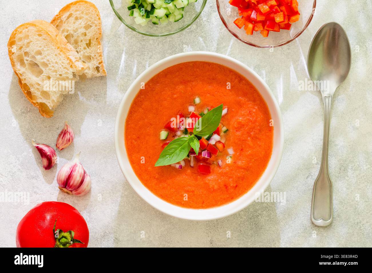Zuppa di gazpacho. Tradizionale zuppa di pomodoro fredda spagnola di verdure fresche crude, vista dall'alto. Foto Stock