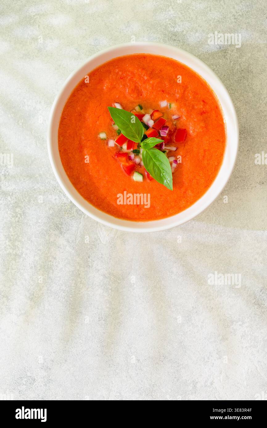 Zuppa di gazpacho. Tradizionale zuppa di pomodoro fredda spagnola di verdure fresche crude, vista dall'alto. Foto Stock