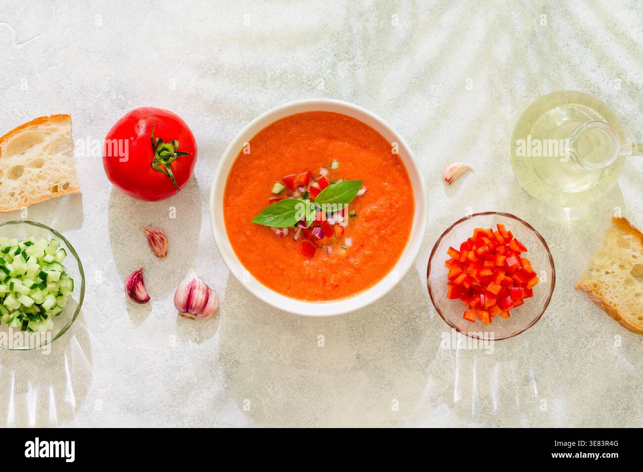 Zuppa di gazpacho. Tradizionale zuppa di pomodoro fredda spagnola di verdure fresche crude, vista dall'alto. Foto Stock