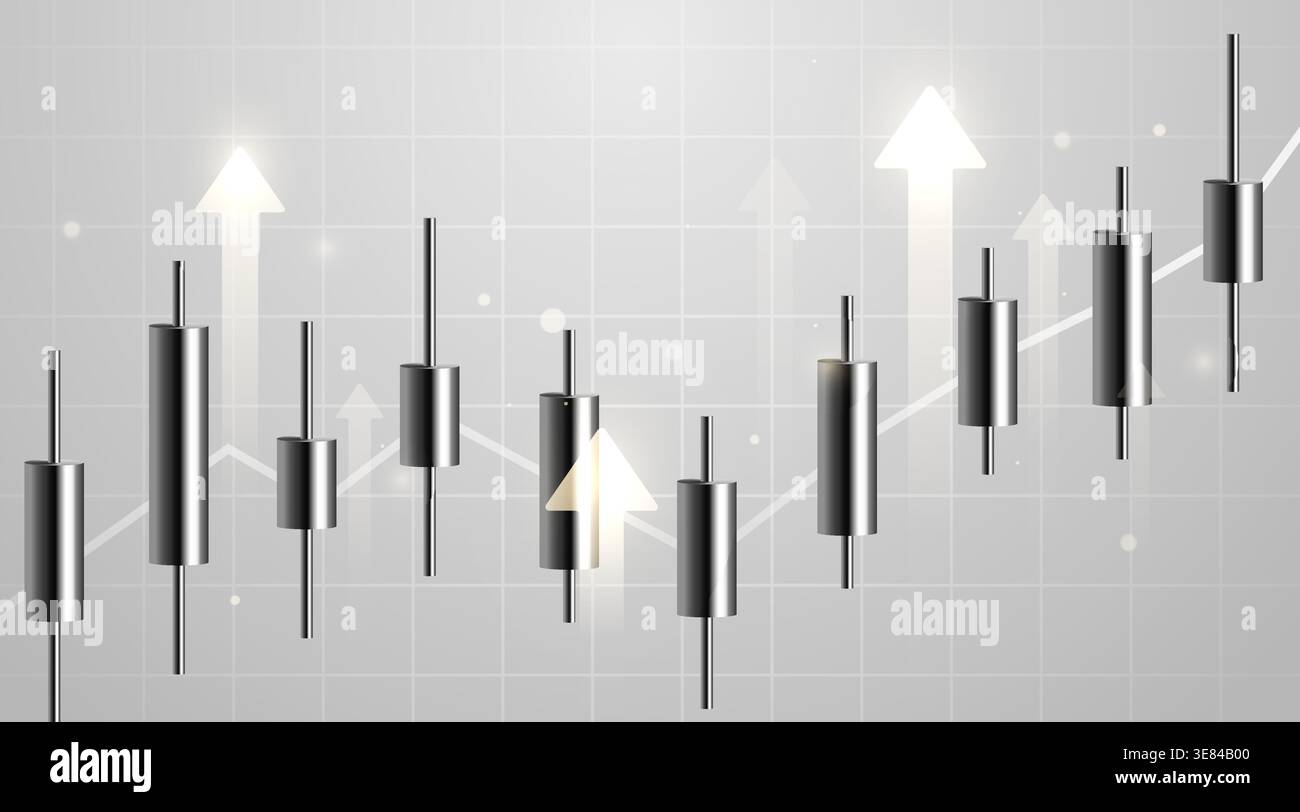 Grafico finanziario di tendenza a candeliere con frecce luminose sullo sfondo della griglia, che simboleggia la crescita e il successo del mercato. Illustrazione vettoriale Illustrazione Vettoriale