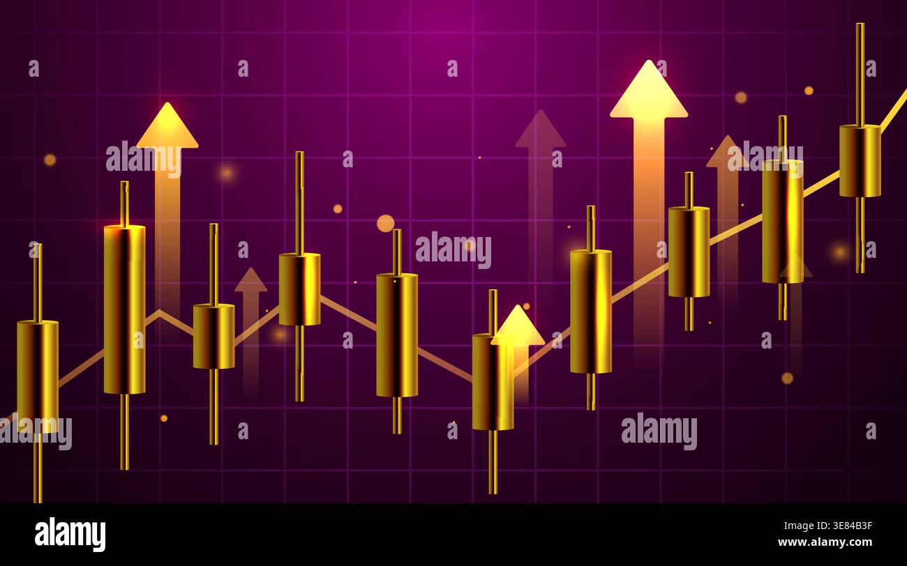 Grafico finanziario Golden Candlestick su sfondo di griglia viola, che simboleggia la crescita del mercato e il successo degli investimenti. Illustrazione vettoriale Illustrazione Vettoriale
