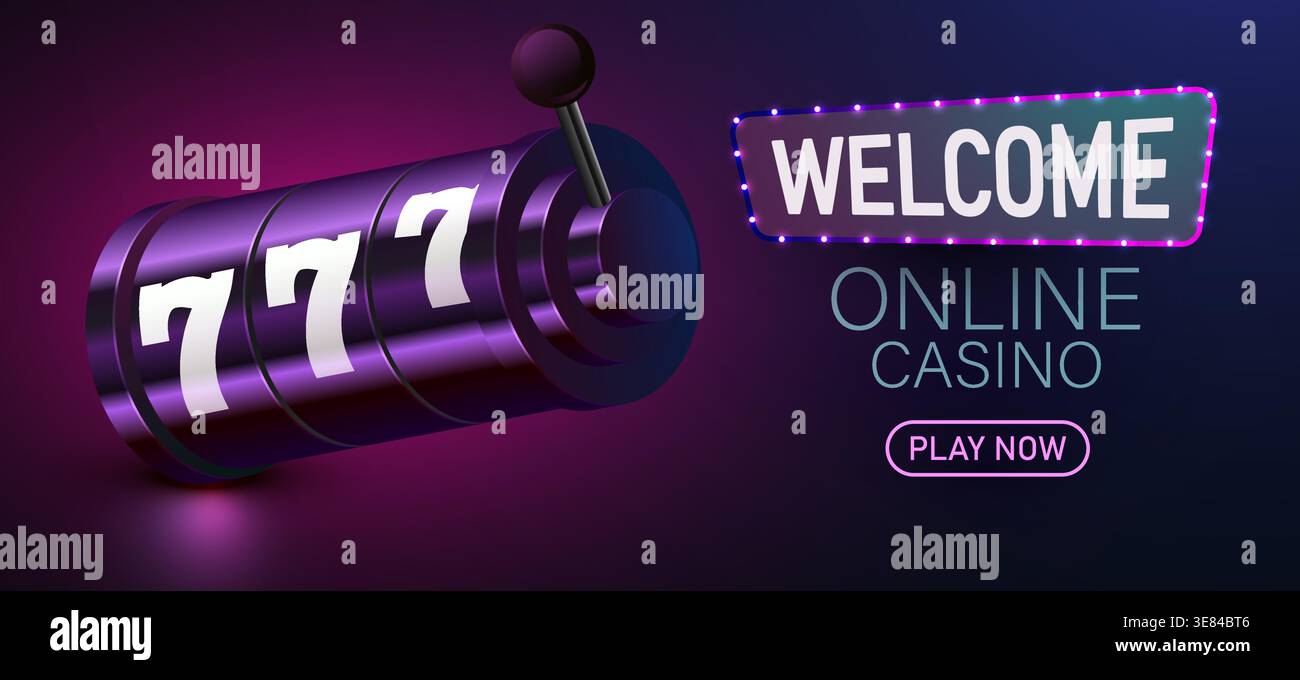 Banner della slot machine del casinò online con cucine fortunate e un cartello di benvenuto luminoso che invita a giocare. Illustrazione vettoriale. Illustrazione Vettoriale