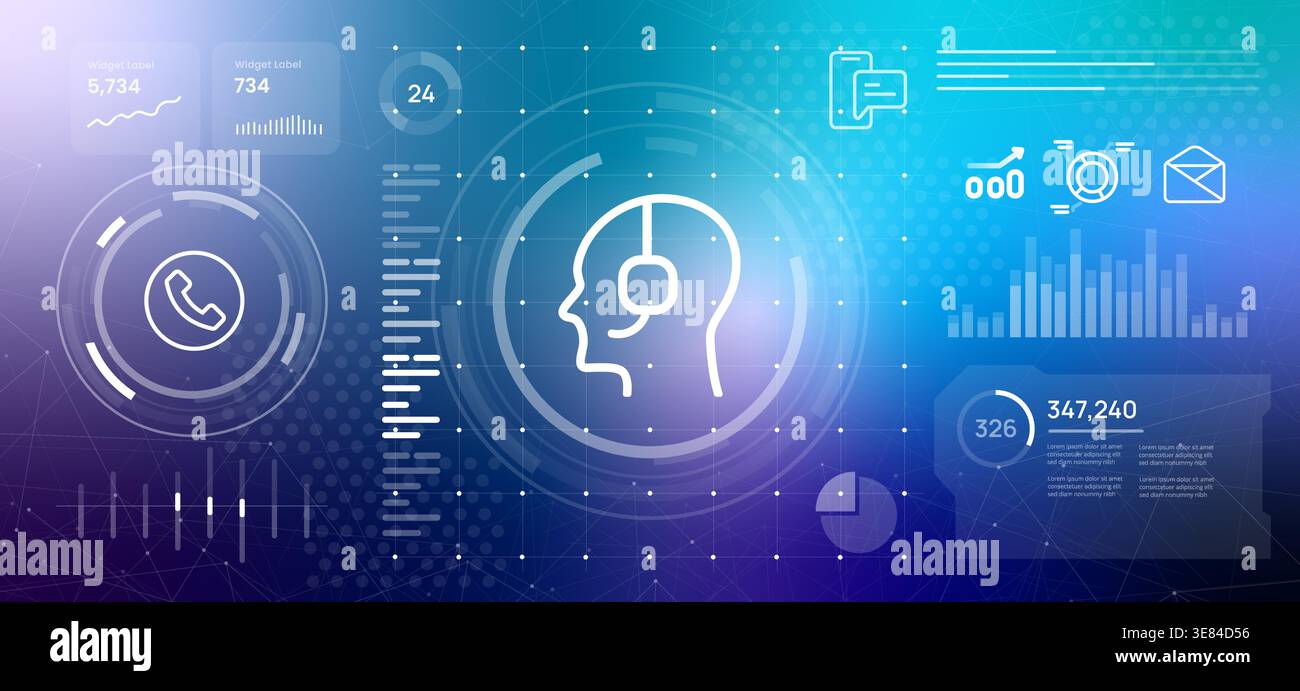 supporto clienti e testina di comunicazione con icone di contatto della cuffia sul cruscotto digitale con visualizzazione dei dati per le prestazioni del call center Illustrazione Vettoriale