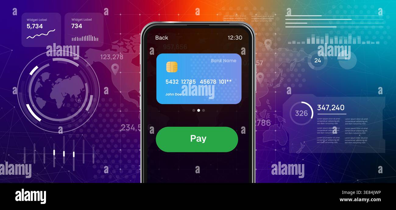 Smartphone con carta di credito su schermo pagamento online e mobile banking background futuristico digitale per transazioni e-commerce e finanziarie Illustrazione Vettoriale