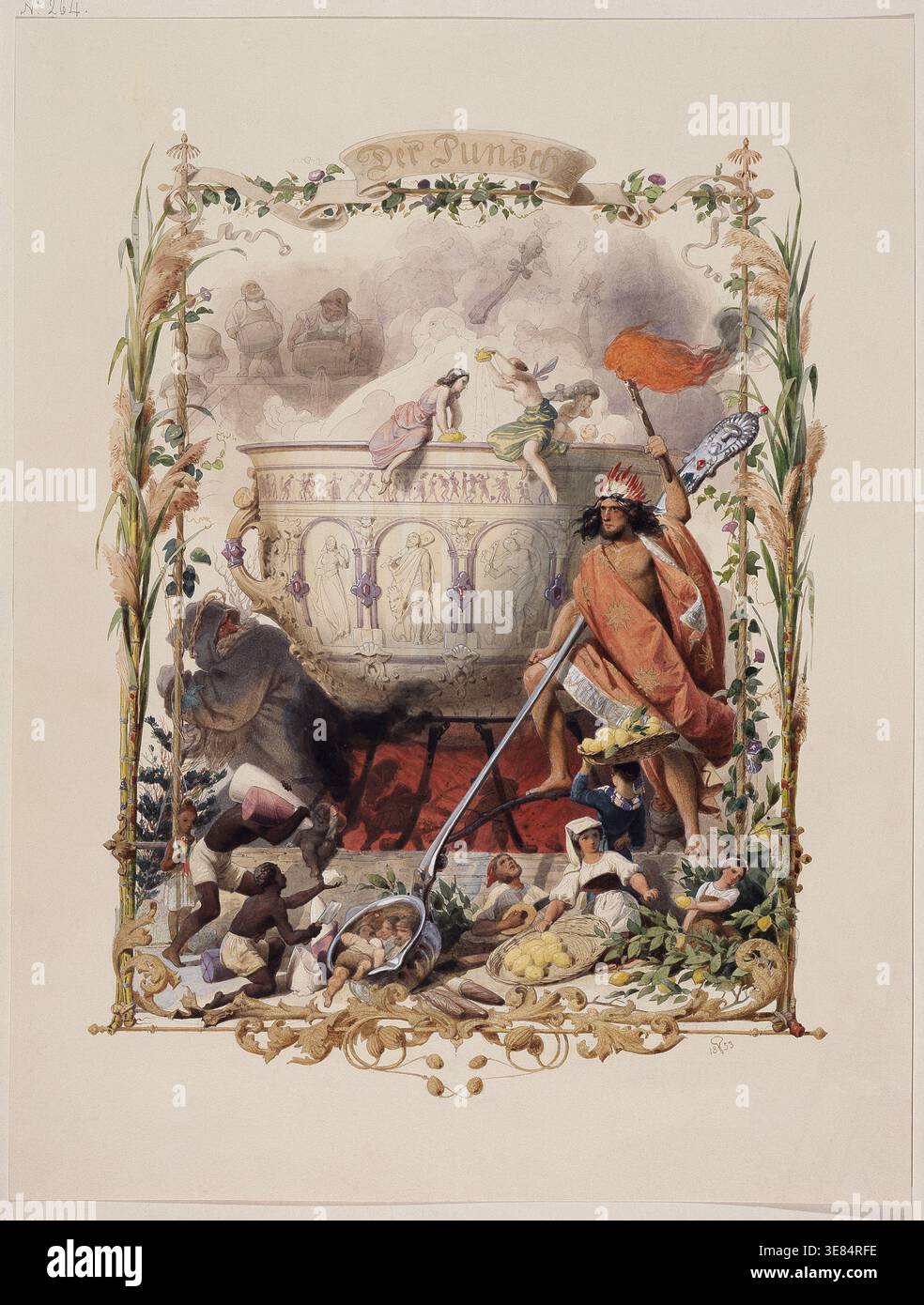 Le quattro bevande principali: Punch, 1853. "Der Punsch". I lavoratori delle piantagioni nere portano zucchero, le donne italiane portano limoni. Il recipiente del punch viene riscaldato dal basso. Foto Stock
