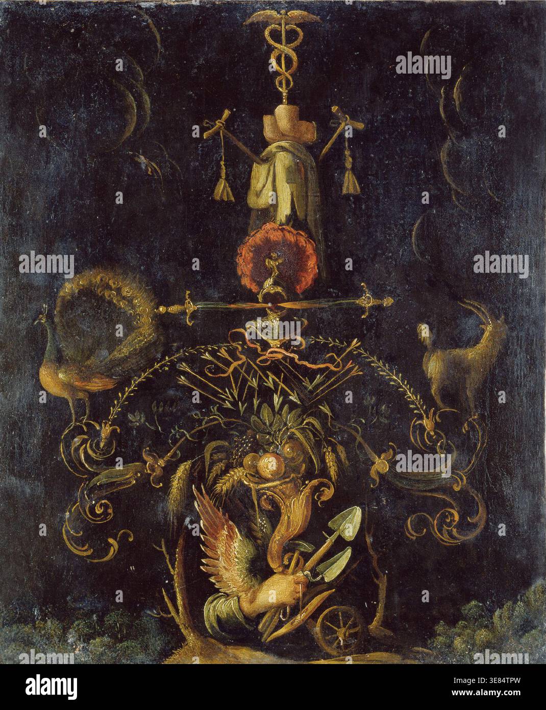 Rappresentazione emblematica, 1600. Questo pannello di rame è il contrario di una scena che ritrae le azioni senza legge dell'umanità prima del diluvio. Questo emblema commenta l'evento. Il contemporaneo colto sarà stato in grado di decifrare i singoli motivi in questo puzzle illustrato e riconoscere il rapporto che portano con la scena biblica. Questi includono un caduceus, un pavone, una capra, spade, una cornucopia, e una mano alata che tiene un martello e altri attrezzi. Foto Stock