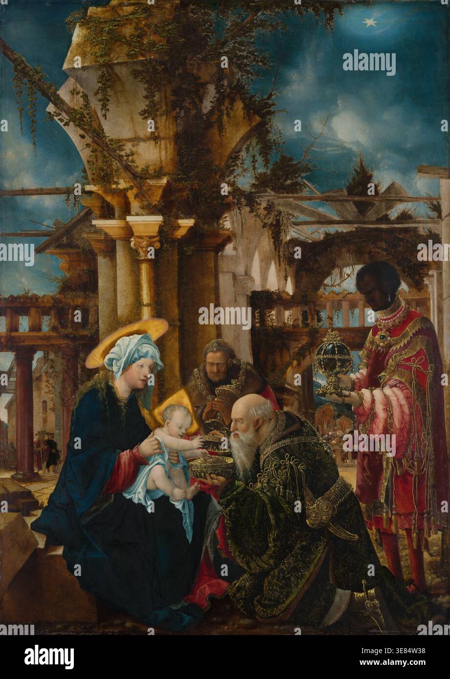 L'Adorazione dei Magi, c1530-1535. Le figure e l'impostazione si fondono per creare una scena di festa. Il mantello di Maria e la testa che ricoprono scorrono in voluttuose pieghe, e i tre Re sono vestiti opulentemente. L'architettura delle rovine, mostrata in grande dettaglio, è intricata e ricoperta di piante rampicanti. Prospettive stravaganti come la Stella di Betlemme, raffigurata dal basso, e le travi in legno sopra il re dalla pelle scura accentuano l'effetto decorativo. Foto Stock