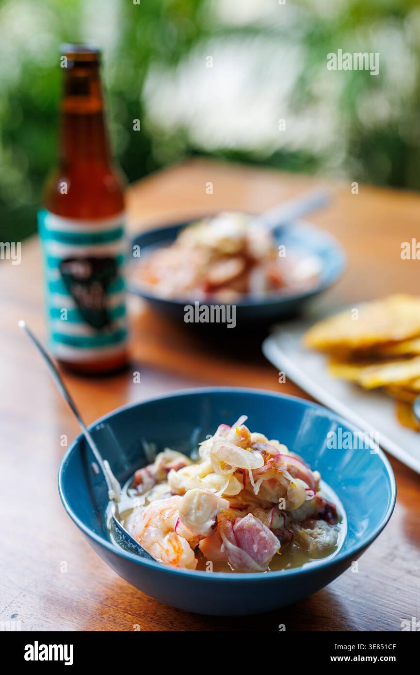 Primo piano di ceviche di pesce in una ciotola blu su un tavolo di legno, con tortilla chips e una bevanda in bottiglia offuscata sullo sfondo, luce naturale all'aperto Foto Stock