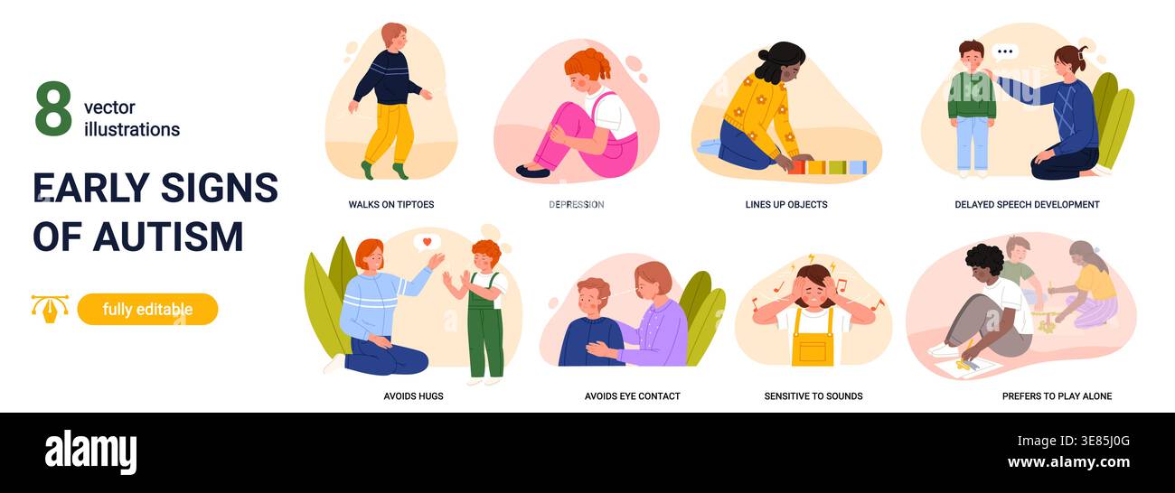 Infografica educativa che mostra i primi segni di autismo nei bambini, il ritardo nella parola, la sensibilità sensoriale, il ritiro sociale e i comportamenti ripetitivi, isolata su sfondo bianco illustrazione vettoriale Illustrazione Vettoriale