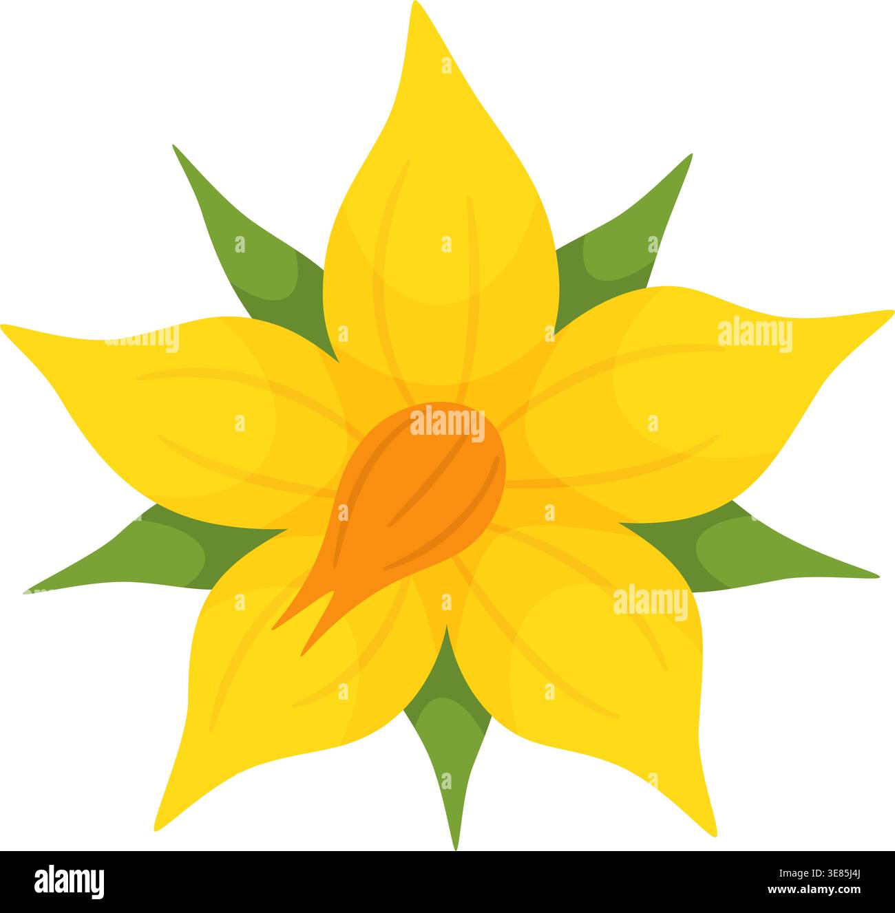 Fiore di pomodoro giallo. Stile piatto alla moda disegnato a mano isolato su sfondo trasparente. Per adesivi, menu, poster, guide botaniche, educazione al giardinaggio, cicli di crescita agricola, progetti naturalistici Illustrazione Vettoriale