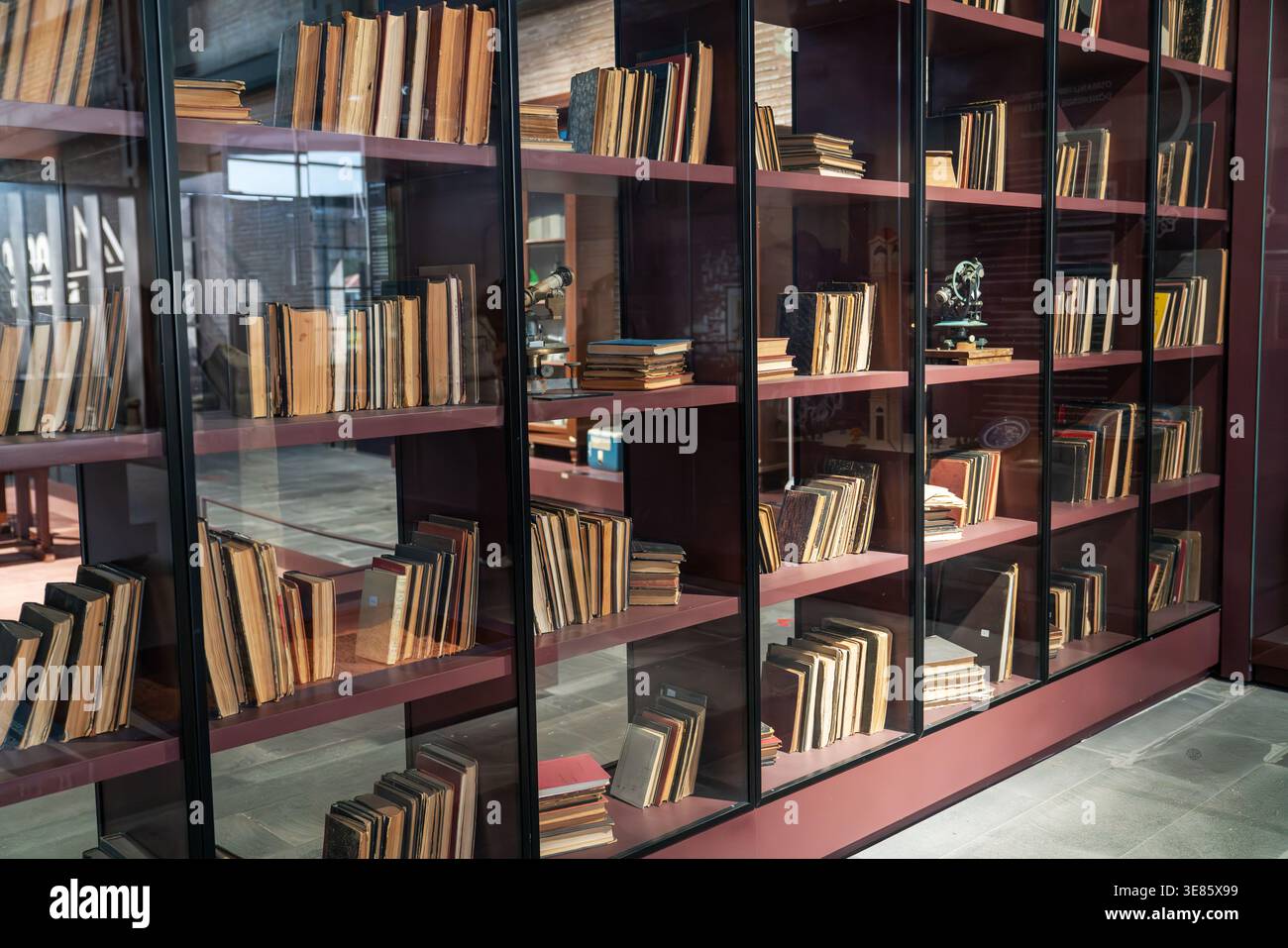 Libri d'epoca esposti all'interno della libreria con armadietto di vetro. Foto di alta qualità Foto Stock