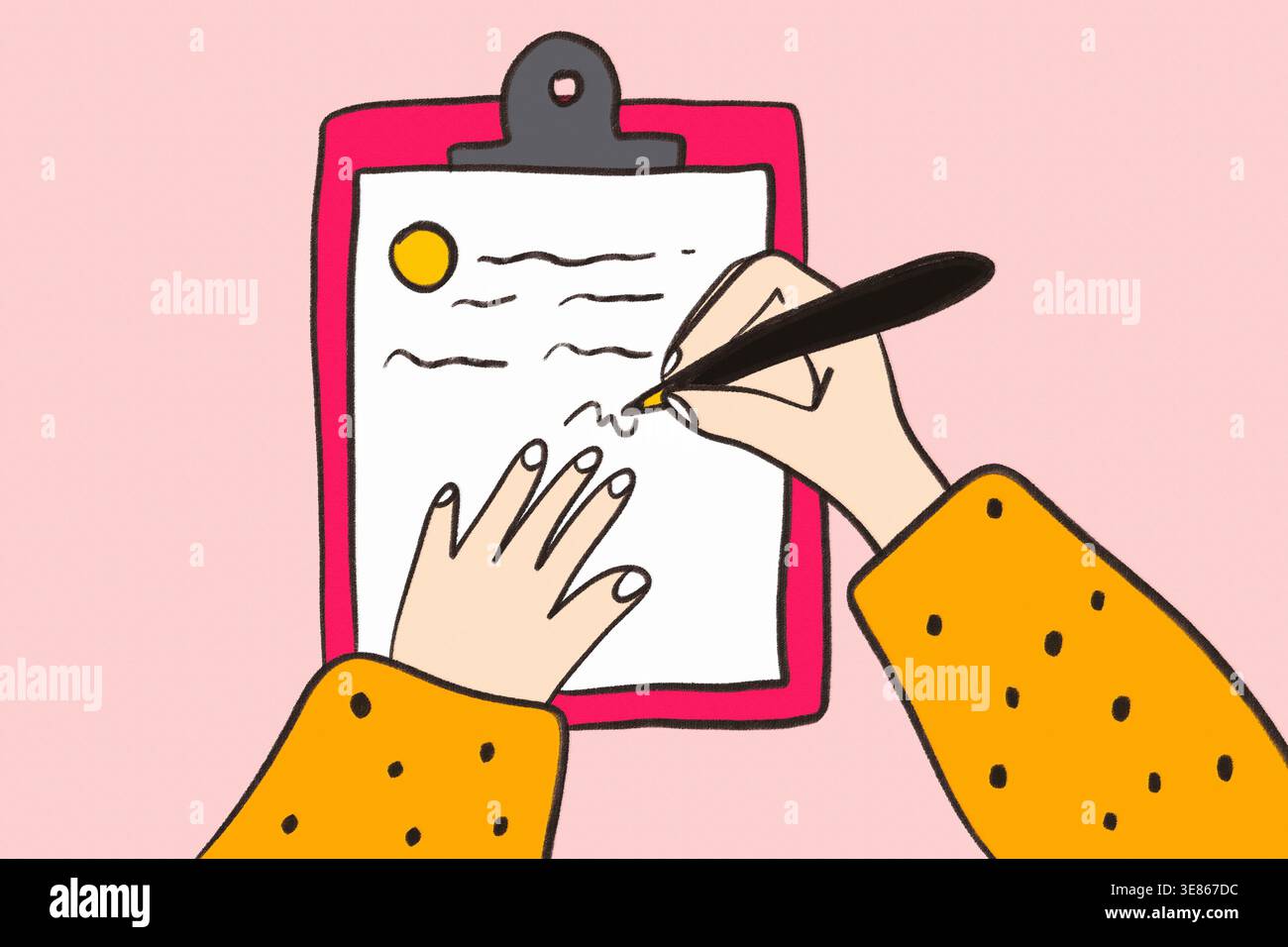 Illustrazione vettoriale minima di mani che firmano un contratto finanziario su una clipboard, simboleggiano la gestione del denaro, l'accordo commerciale, la documentazione legale, a Foto Stock