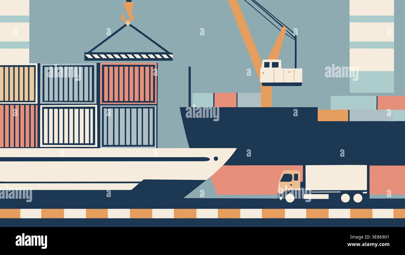 I container di carico vengono caricati sui camion di un porto affollato. Le gru sollevano container su una grande nave da carico. Questa scena mostra l'attività commerciale i. Foto Stock