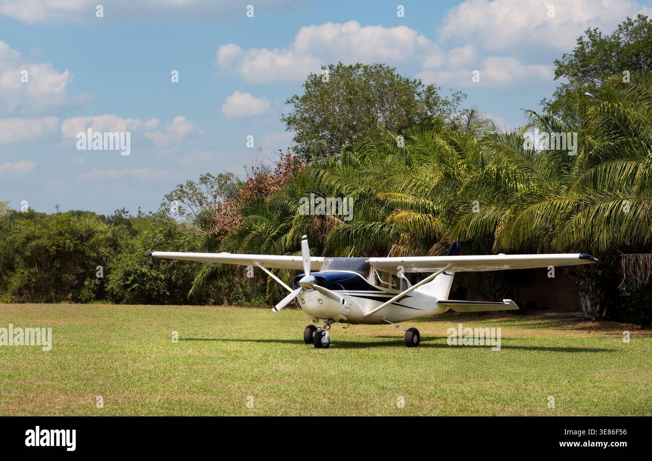 Un piccolo aereo leggero parcheggiato su una pista di atterraggio in erba dopo essere arrivato in una destinazione remota nel Pantanal brasiliano. Foto Stock