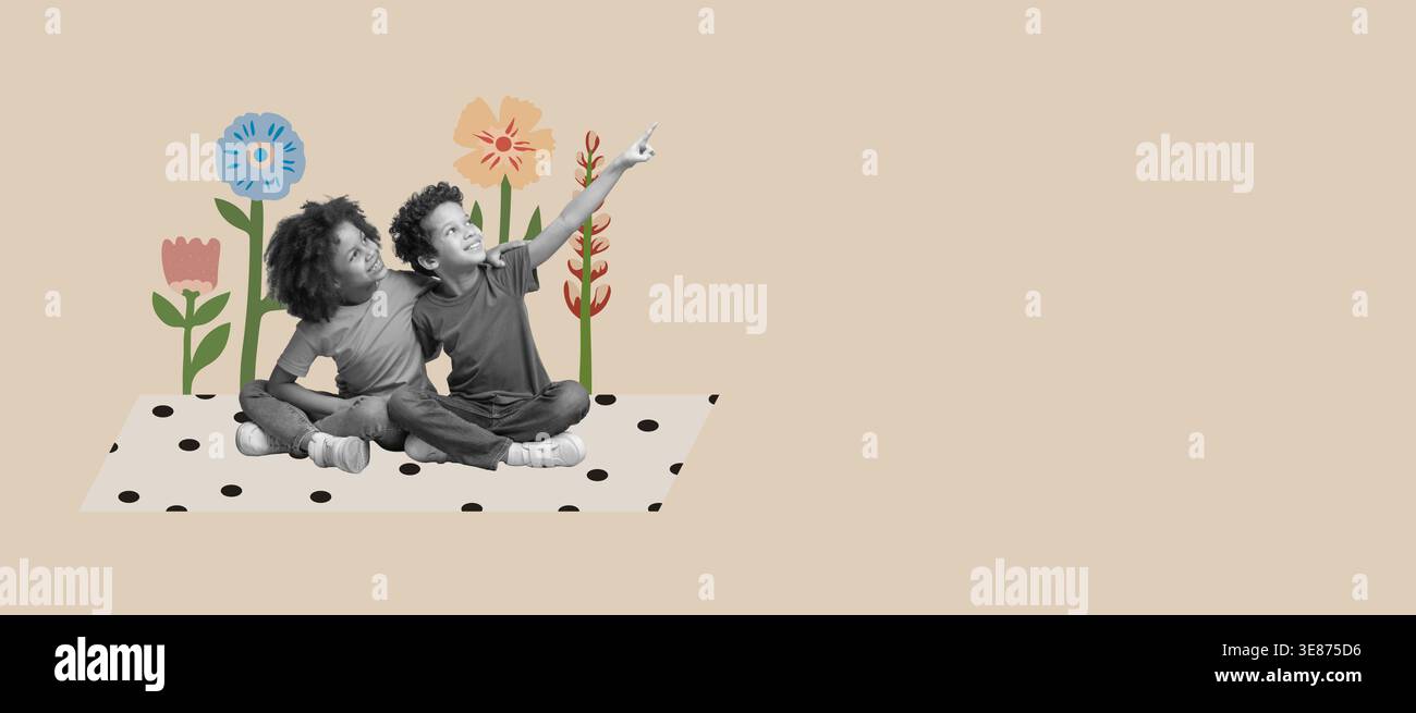 Collage di bambini seduti insieme a Flowers e che puntano a qualcosa nel cielo Foto Stock
