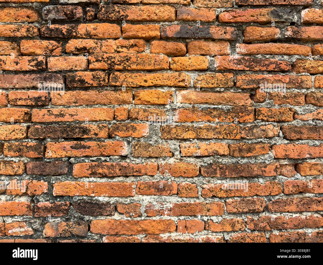 Un dettaglio dettagliato di mattoni di terracotta invecchiati che mostrano trame storiche intemperie perfette per sfondi architettonici e progetti di costruzione. Foto Stock
