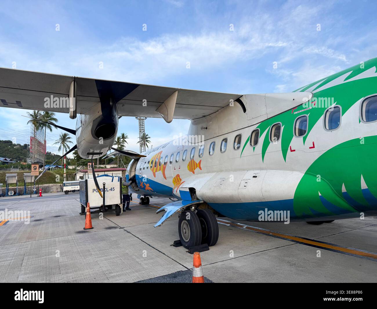 Gli aerei della Bangkok Airways presentano un colorato pesce tropicale e una livrea di palme, parcheggiati sull'asfalto con equipaggio di terra che si prepara per un volo, Highli Foto Stock