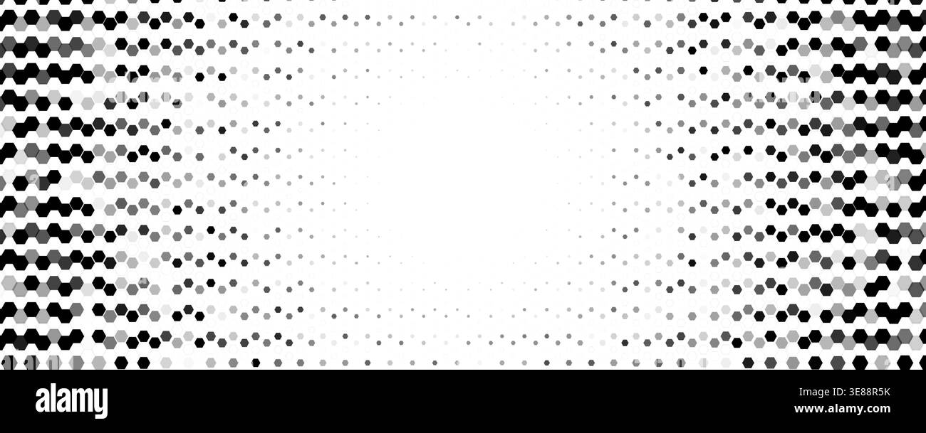 Onda di mezzitoni esagonali al centro, movimento, energia tecnologica. I punti a nido d'ape creano gradiente e profondità ottica. Argomenti: tecnico, dati. Utilizzare per striscioni, copertina Illustrazione Vettoriale
