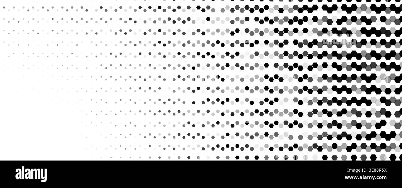 Onda di mezzitoni esagonali al centro, movimento, energia tecnologica. I punti a nido d'ape creano gradiente e profondità ottica. Argomenti: tecnico, dati. Utilizzare per striscioni, copertina Illustrazione Vettoriale