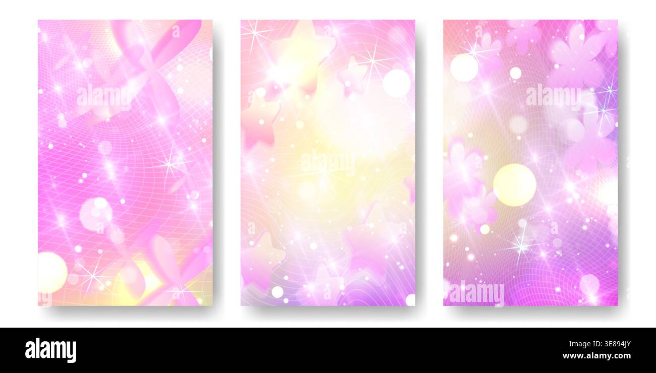 Sfondo rosa Y2K con graziosi effetti anime scintillanti e un design colorato pastello kawaii da sogno. Elementi a stella morbidi sul cielo arcobaleno per una carta da parati fantasia alla moda con un bagliore magico e un'aura romantica. Illustrazione Vettoriale