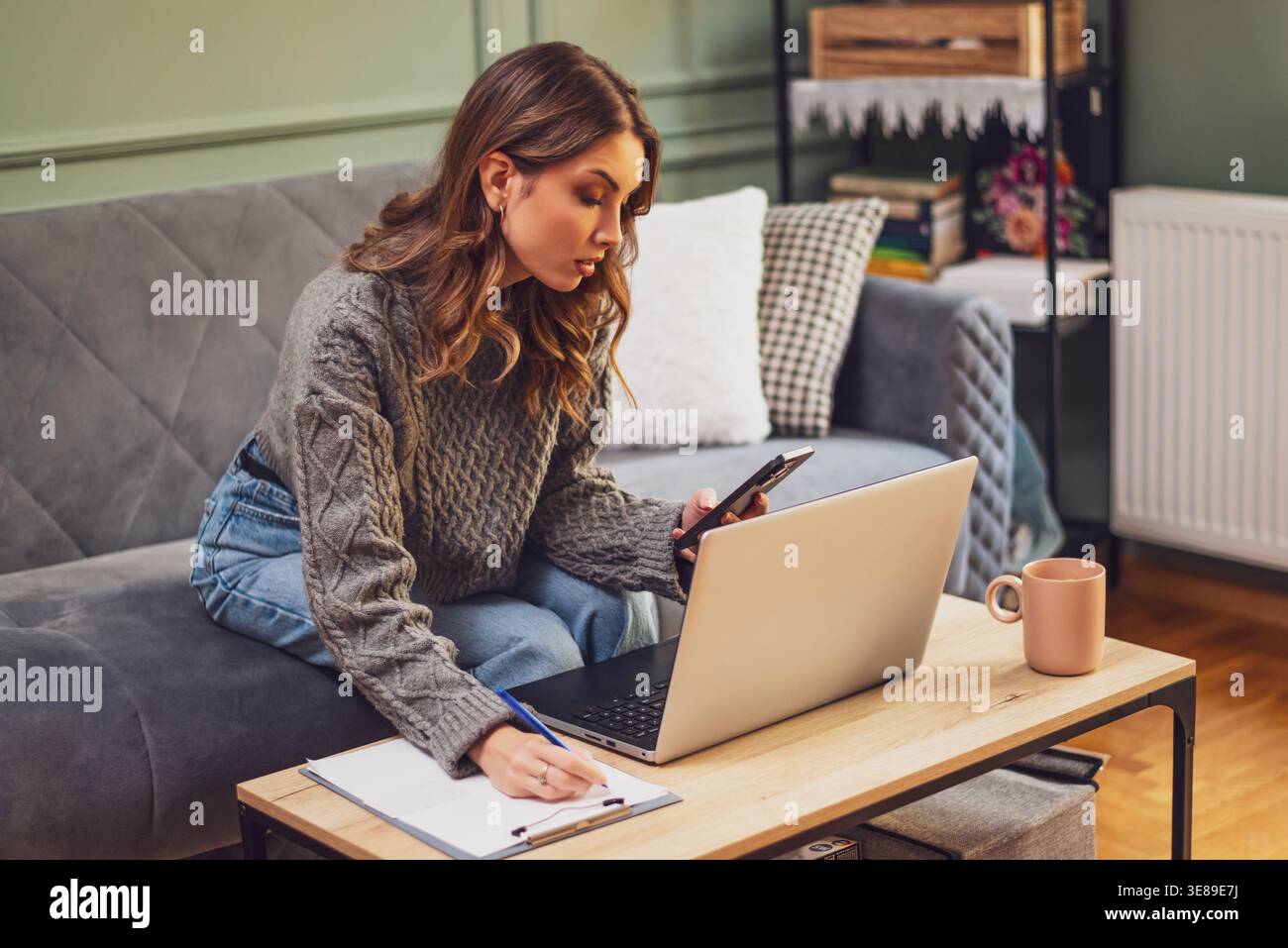 Una donna adulta premurosa utilizza smartphone e computer portatile per calcolare le finanze domestiche. Foto Stock