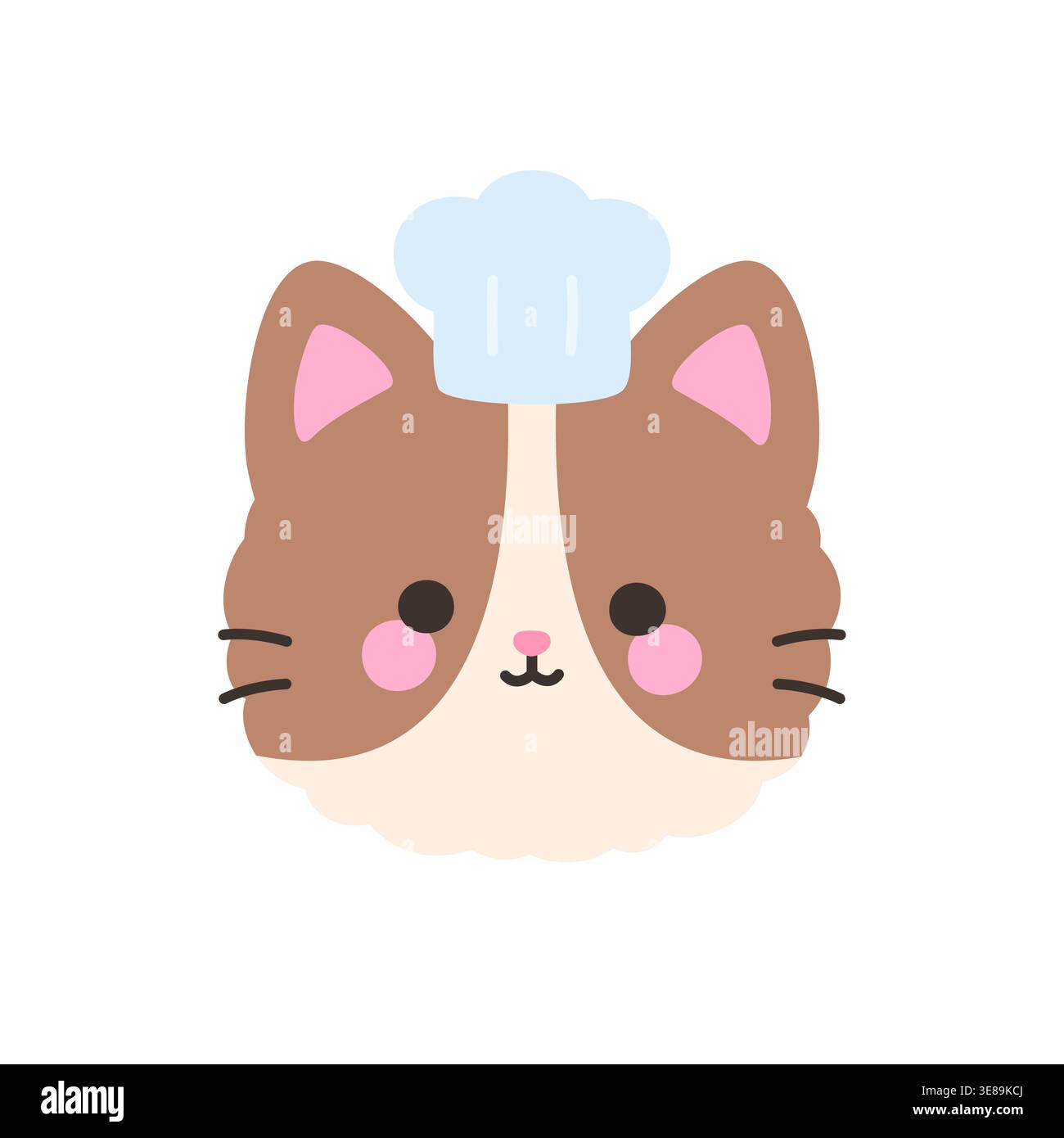 Simpatico viso di gatto marrone kawaii che indossa un cappello da cuoco bianco adesivo con illustrazione vettoriale Illustrazione Vettoriale