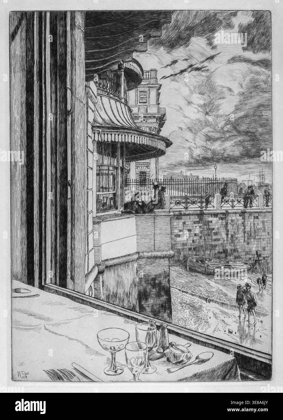 James Tissot's 1878 etching and drypoint intitolato Trafalgar Tavern, Greenwich. La composizione raffigura una vista da un tavolo da pranzo con bicchieri e posate, guardando verso i clienti su un balcone e i bambini sulla costa del Tamigi. Foto Stock