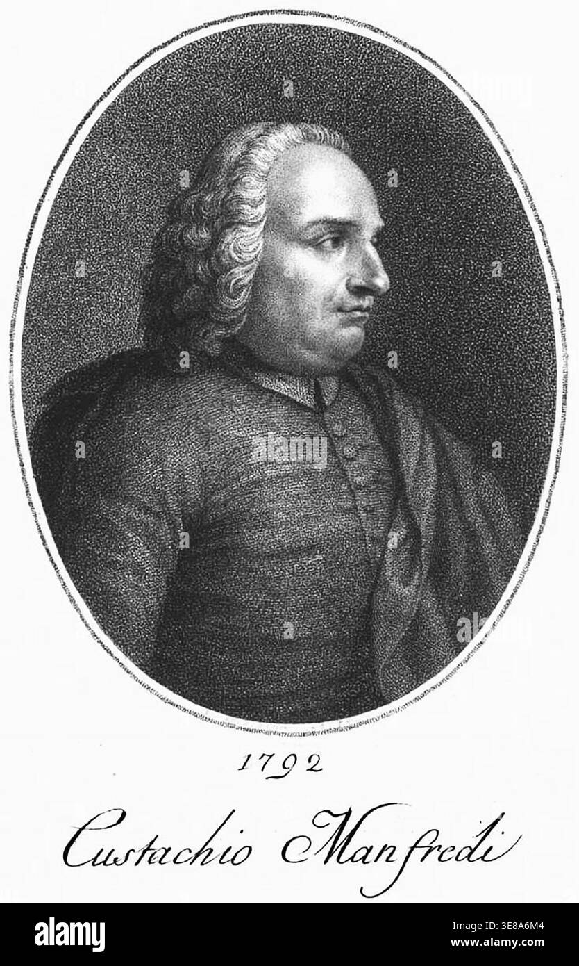 Incisione di Eustachio Manfredi di Francesco Rosaspina, 1792. Il matematico e astronomo italiano è raffigurato in profilo all'interno di una cornice ovale con un cappotto e un cappello del XVIII secolo. La stampa è incisa con il nome Custachio Manfredi. Foto Stock