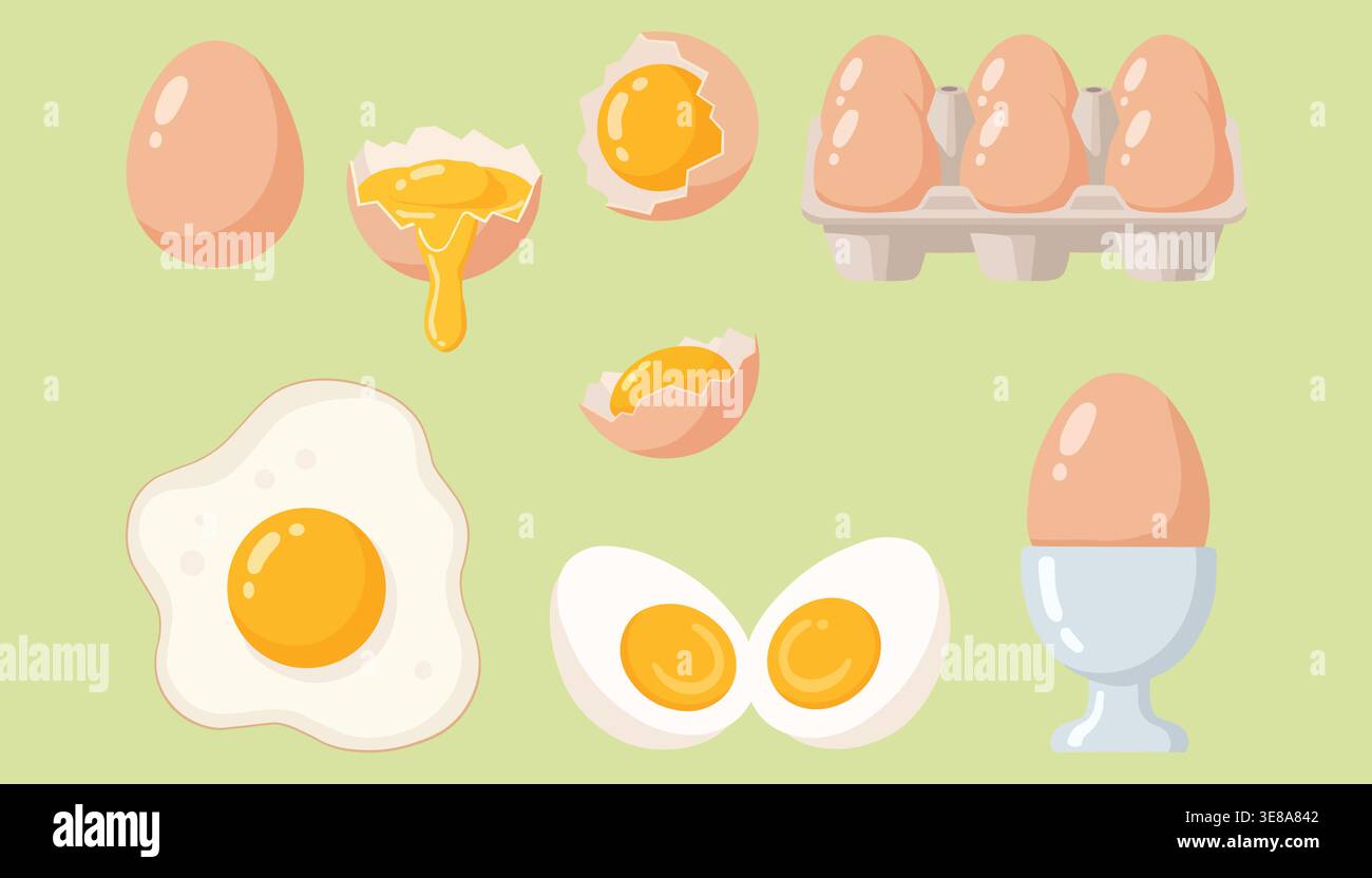 Set di illustrazioni sulle uova, tra cui uova fritte e bollite intere, che rappresentano il concetto di cucina e colazione Illustrazione Vettoriale
