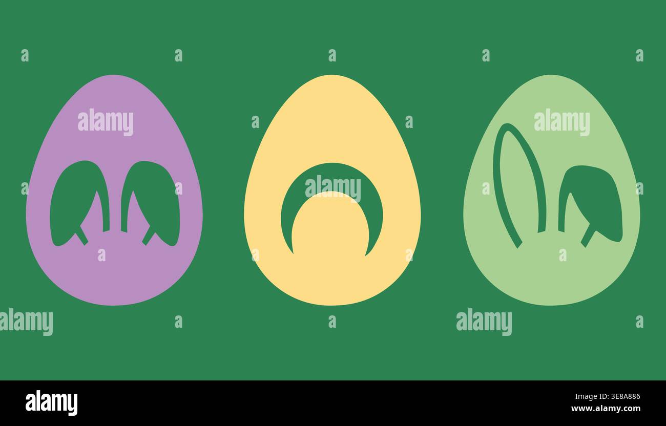 Set di uova di pasqua astratte con forme conigliette e design minimale isolato su sfondo verde per un concetto di decorazione natalizia Illustrazione Vettoriale