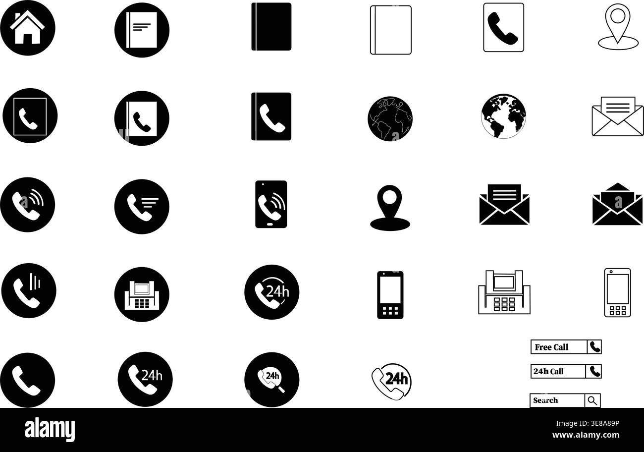 Set di icone di comunicazione dei contatti, tra cui posizione e-mail del telefono e simboli di supporto isolati per la progettazione di interfacce Web e app Illustrazione Vettoriale