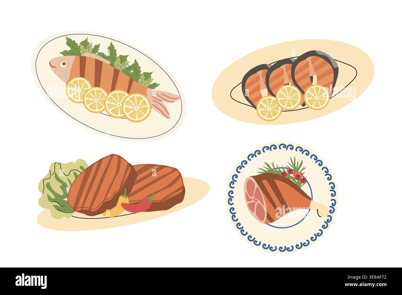 Carne e pesce alla griglia e prosciutto su piatto. Illustrazione vettoriale in stile cartoni animati. Piatti a base di pesce e carne isolati. Illustrazione Vettoriale
