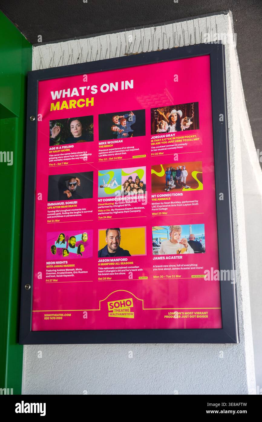 Londra, Regno Unito - 8 aprile 2026: Un poster degli eventi in programma sull'esterno del Soho Theatre Walthamstow, che si trova ora nel vecchio Granada Cinema Foto Stock