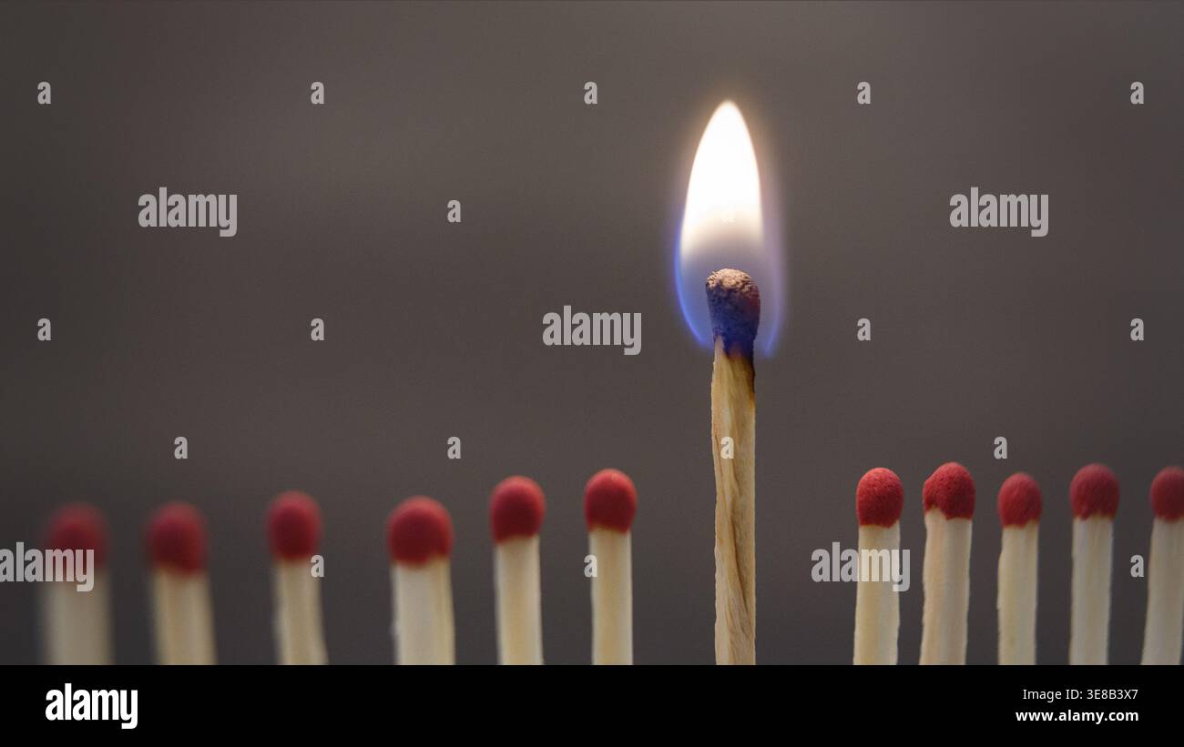Fiammiferi disposti in linea con un fiammifero che brucia brillantemente al centro Foto Stock