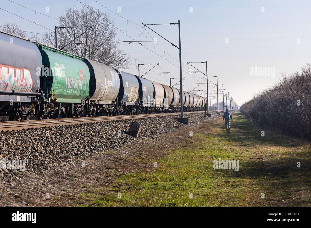 Vinkovci, Croazia - 01 marzo 2026: Lungo treno merci di carri merci corre lungo una ferrovia rurale mentre un escursionista solitario cammina lungo il sentiero erboso accanto Foto Stock