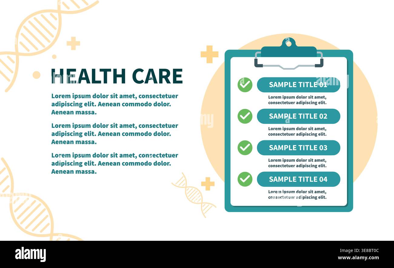 Modello infografico medico-sanitario con appunti e simboli del DNA Illustrazione Vettoriale