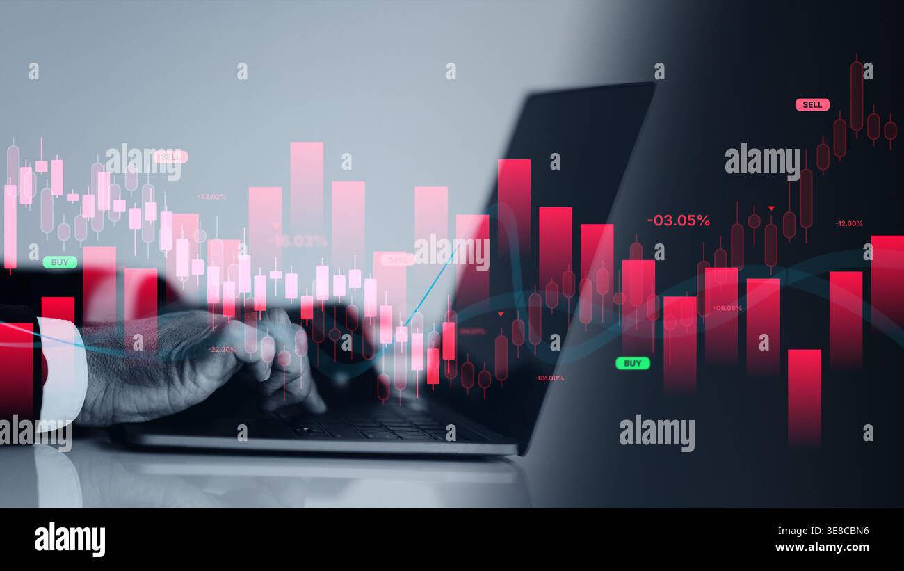 Collage che mostra l'attività di trading e la visualizzazione dei dati sullo schermo di un notebook Foto Stock