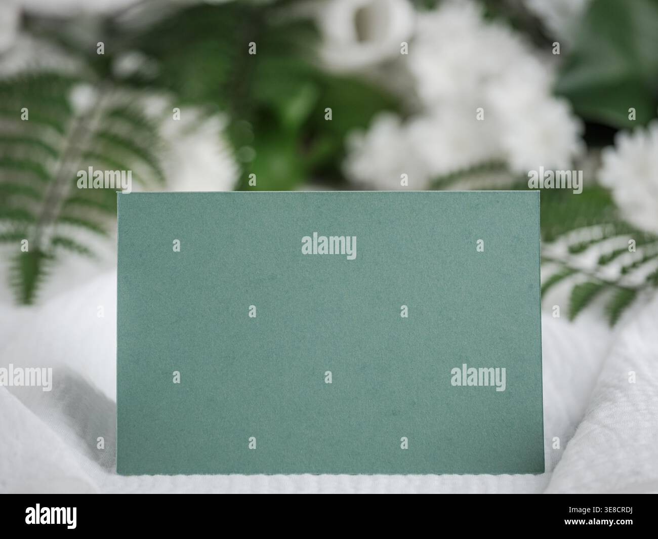 Biglietto da visita verde vuoto su tessuto di muschio bianco. Verde e sfondo bianco con fiori sfocati. Invito, annuncio, volantino, messaggio Foto Stock