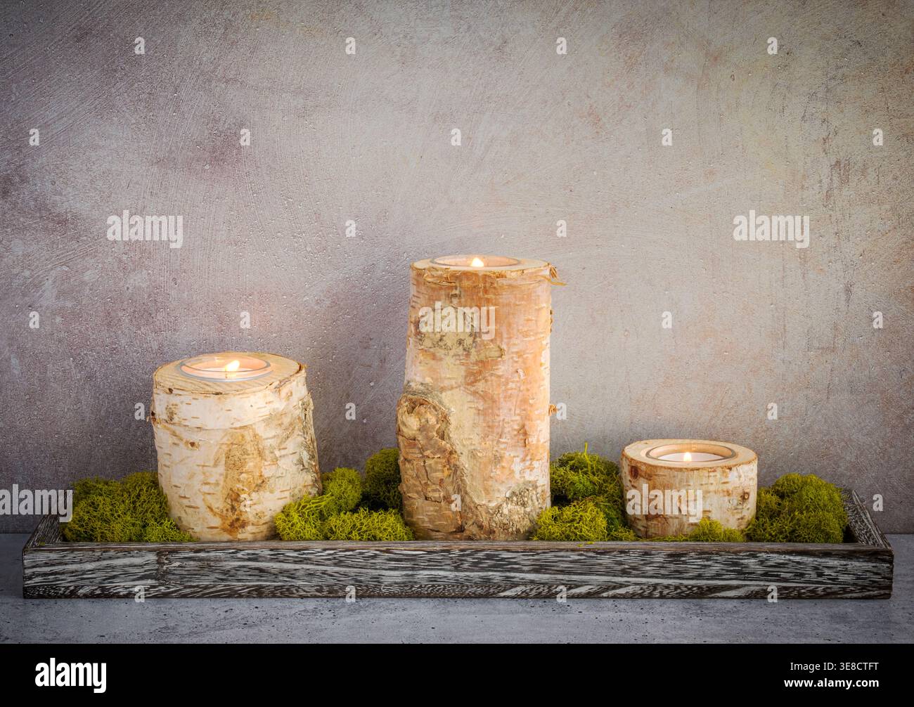Candele festose di rami rustici di betulla con fuoco acceso e muschio verde centrale su sfondo neutro. Decorazioni boschive natura Holiday Foto Stock