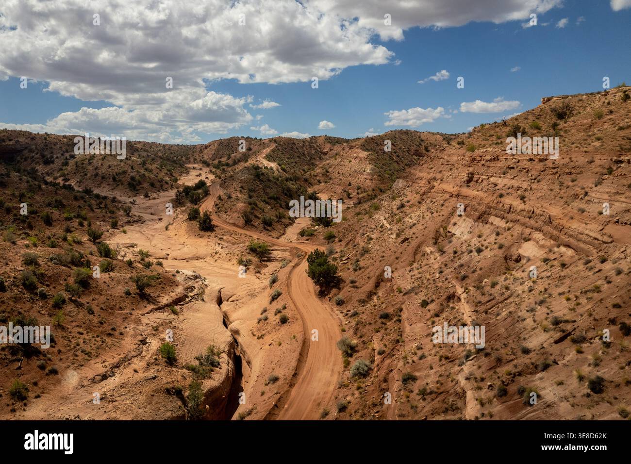 Vista aerea di una tortuosa strada di campagna attraverso le aspre calanchi di Paria nello Utah. Profonde gole del deserto e colline erose sotto un cielo estivo. Foto Stock