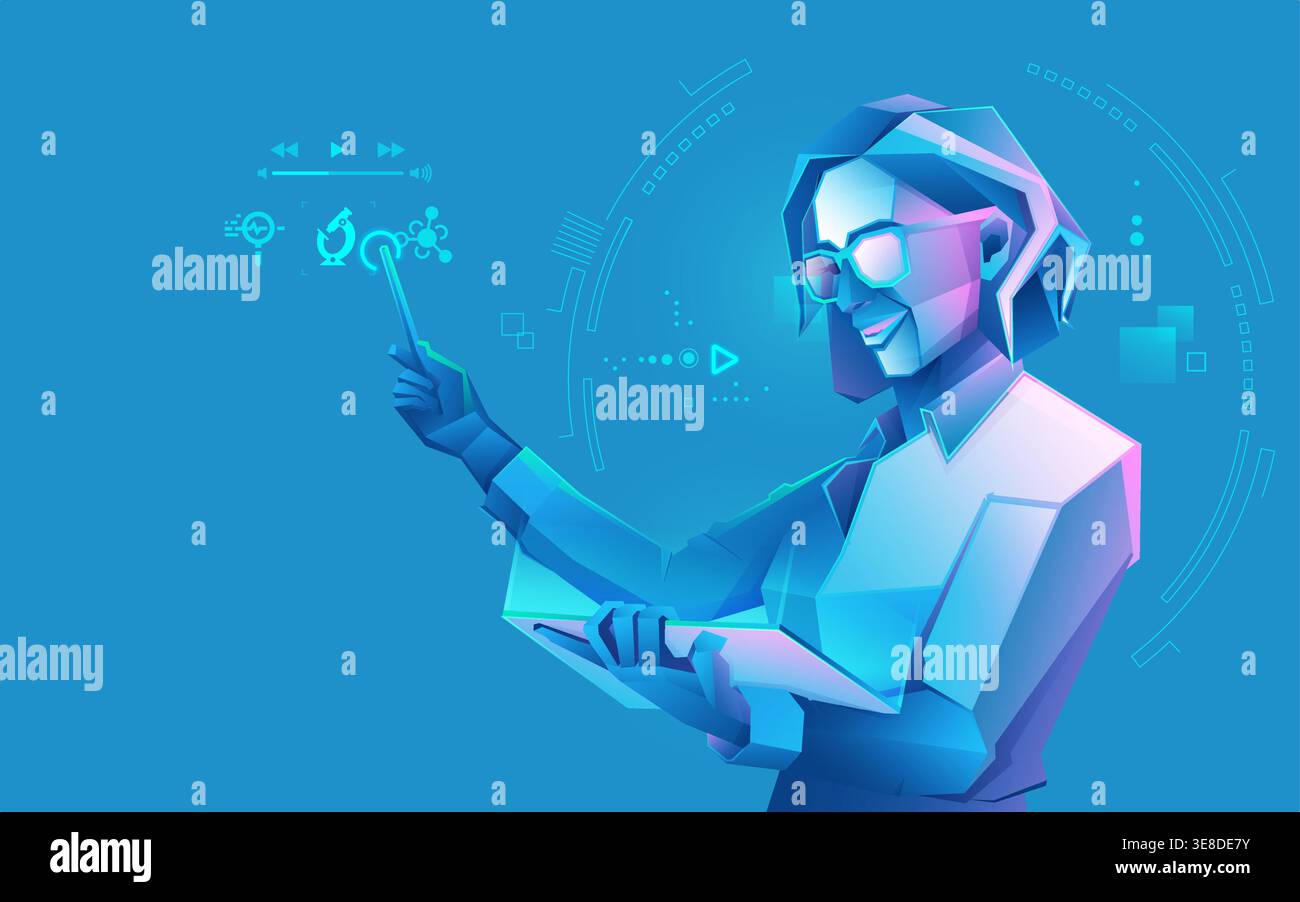 concetto di e-learning o formazione online, grafica di una donna a basso contenuto di polietilene che utilizza un corso online su tablet Illustrazione Vettoriale