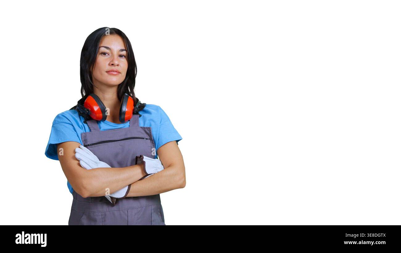 Lavoratrice con dispositivi di protezione individuale su sfondo trasparente Foto Stock